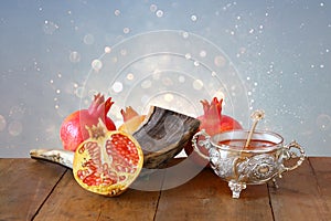 Rosh hashanah (jewesh New Year holiday) concept. Traditional symbols photo