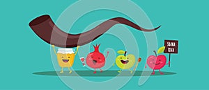 Rosh Hashanah Jewish holiday banner design with honey jar, apple and pomegranate funny cartoon characters holding shofar