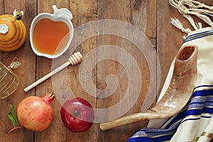 Rosh hashanah (jewish New Year) concept. Traditional symbols