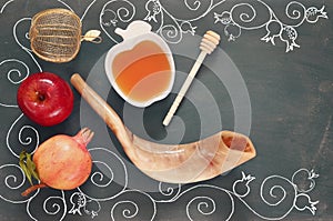 Rosh hashanah (jewish New Year) concept. Traditional symbols