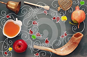 Rosh hashanah (jewish New Year) concept. Traditional symbols