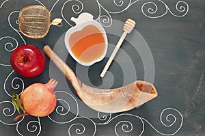 Rosh hashanah jewish New Year concept. Traditional symbols