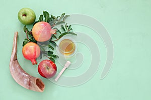 Rosh hashanah (jewish New Year) concept. Traditional symbols photo