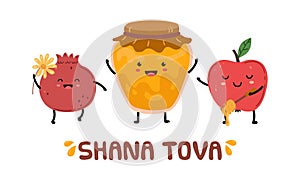 Rosh hashanah, Jewish New Year festival. Happy shana tova, holiday symbols honey, apple and pomegranate vector banner