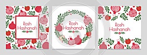 Rosh hashanah. Jewish new year greeting cards with pomegranate and apple. Judaism shana tova holiday vector backgrounds