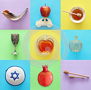 Rosh hashanah jewish New Year holiday collage concept. Traditional symbols.
