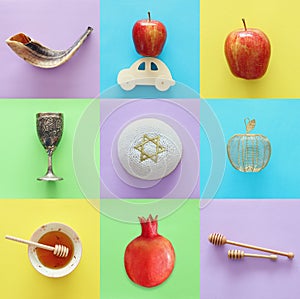 Rosh hashanah jewish New Year holiday collage concept. Traditional symbols.