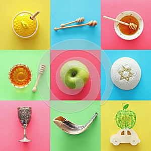 Rosh hashanah jewish New Year holiday collage concept. Traditional symbols.