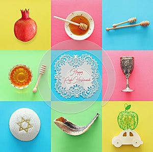 Rosh hashanah jewish New Year holiday collage concept. Traditional symbols.