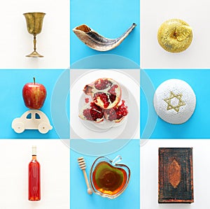 Rosh hashanah jewish New Year holiday collage concept. Traditional symbols.