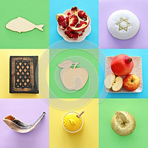 Rosh hashanah jewish New Year holiday collage concept. Traditional symbols.