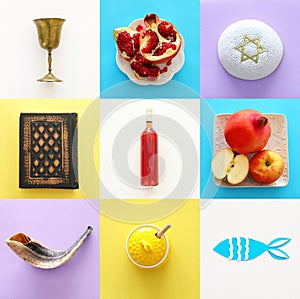 Rosh hashanah jewish New Year holiday collage concept. Traditional symbols.