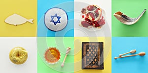 Rosh hashanah jewish New Year holiday collage concept. Traditional symbols.