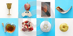 Rosh hashanah jewish New Year holiday collage concept. Traditional symbols.