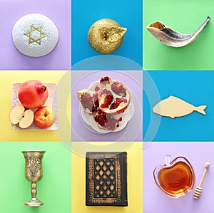 Rosh hashanah jewish New Year holiday collage concept. Traditional symbols.