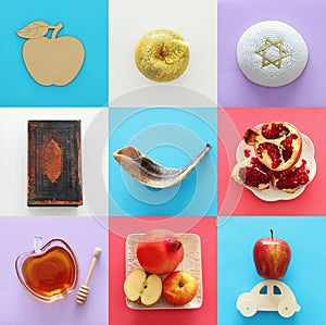 Rosh hashanah jewish New Year holiday collage concept. Traditional symbols.