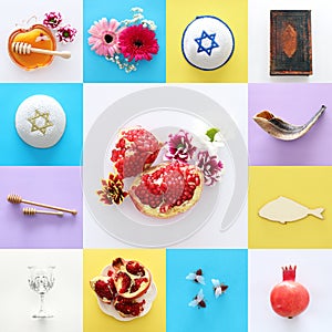 Rosh hashanah & x28;jewish New Year holiday& x29; collage concept. Traditional symbols.