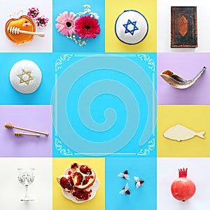 Rosh hashanah & x28;jewish New Year holiday& x29; collage concept. Traditional symbols.