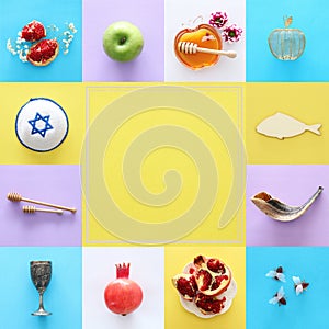 Rosh hashanah & x28;jewish New Year holiday& x29; collage concept. Traditional symbols.