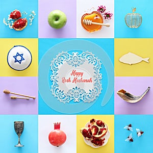Rosh hashanah & x28;jewish New Year holiday& x29; collage concept. Traditional symbols.
