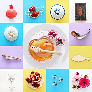 Rosh hashanah & x28;jewish New Year holiday& x29; collage concept. Traditional symbols.