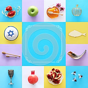 Rosh hashanah & x28;jewish New Year holiday& x29; collage concept. Traditional symbols.