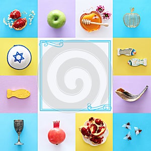 Rosh hashanah & x28;jewish New Year holiday& x29; collage concept. Traditional symbols.