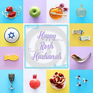 Rosh hashanah & x28;jewish New Year holiday& x29; collage concept. Traditional symbols.