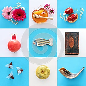 Rosh hashanah & x28;jewish New Year holiday& x29; collage concept. Traditional symbols.