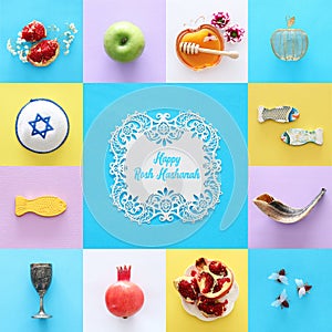 Rosh hashanah & x28;jewish New Year holiday& x29; collage concept. Traditional symbols.