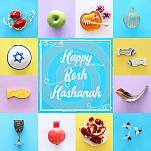 Rosh hashanah & x28;jewish New Year holiday& x29; collage concept. Traditional symbols.