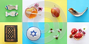 Rosh hashanah & x28;jewish New Year holiday& x29; collage concept. Traditional symbols.