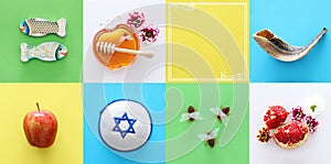 Rosh hashanah & x28;jewish New Year holiday& x29; collage concept. Traditional symbols.