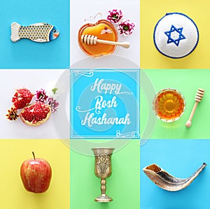 Rosh hashanah & x28;jewish New Year holiday& x29; collage concept. Traditional symbols.