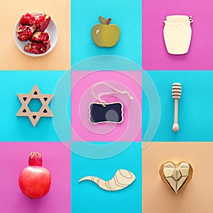 Rosh hashanah jewish New Year holiday collage concept. Traditional symbols