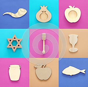 Rosh hashanah jewish New Year holiday collage concept. Traditional symbols