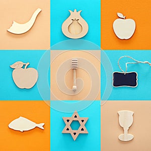 Rosh hashanah jewish New Year holiday collage concept. Traditional symbols