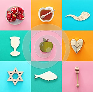 Rosh hashanah jewish New Year holiday collage concept. Traditional symbols