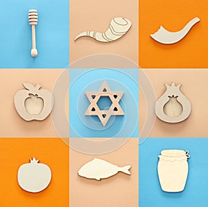 Rosh hashanah jewish New Year holiday collage concept. Traditional symbols