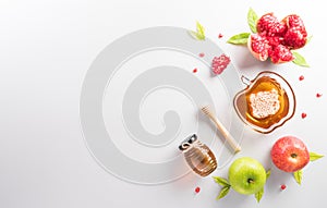 Rosh hashanah (jewish New Year holiday), Concept of traditional or religion symbols on white background