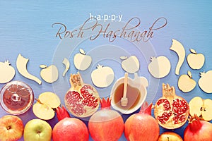 Rosh hashanah jewish New Year holiday concept. Traditional symbols.