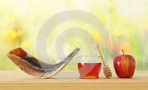 Rosh hashanah jewish New Year holiday concept. Traditional symbols.