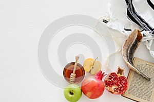 Rosh hashanah jewish New Year holiday concept. Traditional symbols.