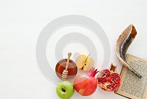 Rosh hashanah jewish New Year holiday concept. Traditional symbols.