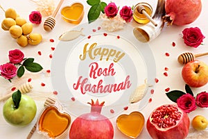 Rosh hashanah (jewish New Year holiday) concept. Traditional symbols