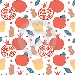 Rosh Hashanah Jewish New Year holiday seamless vector pattern background illustration with pomegranate, honey, leaves and apple fo