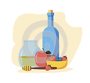 Rosh Hashanah, Shana Tova or Jewish New year flat vector icons set, with honey, apple, bee, bottle