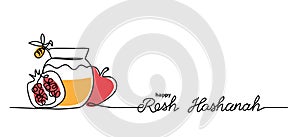 Rosh hashanah simple vector background with honey, apple, pomegranate and bee. One continuous line drawing with