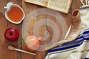 Rosh hashanah (jewish New Year) concept. Traditional symbols photo