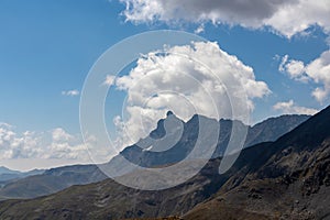 Roshka - A panoramic view on the ridges of the Chaukhi Massif in the Greater Caucasus Mountain Range in Georgia.